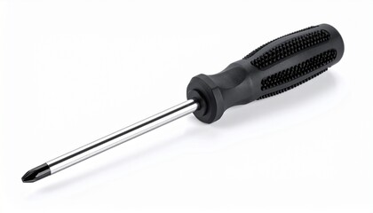 A classic Phillips head screwdriver featuring a durable steel shaft and an ergonomic black textured rubber handle for a secure grip, isolated on a white background