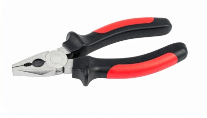 Fototapeta premium A single pair of combination pliers with comfortable red and black insulated grips, shown isolated on a clean white background