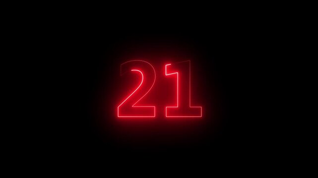 21 number neon bright red color animation on black background 4k video.