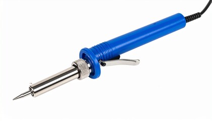 Fototapeta premium Electric soldering iron with a blue handle and trigger mechanism, isolated on a white background, a tool for electronics repair and DIY projects