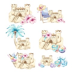 Summer vibes invite relaxation as beach castles and palm trees evoke joyful memories of sunny getaways and festive celebrations by the sea