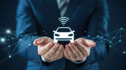 Businessman presenting connected car icon with Wi- Fi signal and network automobile vehicle
