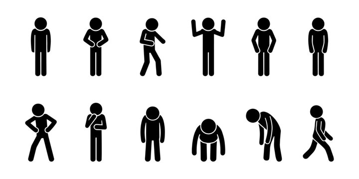 Stickman tired and sick poses icon set. Vector pictogram of people feeling fatigue, stress, illness, exhaustion, back pain, stomach ache, headache, depression, burnout, sad, emotional health symbol.