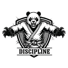 Black and white illustration of a panda wearing a martial arts uniform with the word discipline.