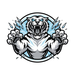 Illustration of a white tiger with ice shards, roaring with claws out.