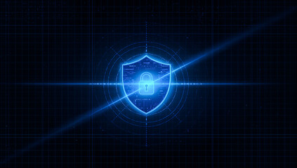 Obraz premium Futuristic digital art of a glowing blue security shield with a keyhole, radar sweep, and pixel patterns on a dark grid background, symbolizing cybersecurity and protection