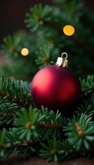 Deep red Christmas ornament nestled amongst pine needles, holiday decor, festive