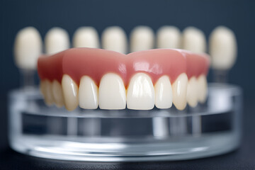 Dental prosthetic model showcasing realistic teeth and gum structure on a clear display stand