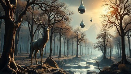 Majestic Deer in a Mystical Forest with City Reflections in Floating Water Droplets at Dawn