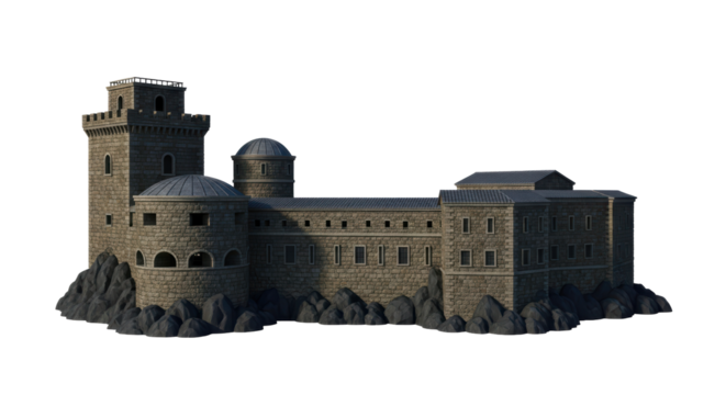 Isolated medieval castle building illustration on rock, architectural fortress design element