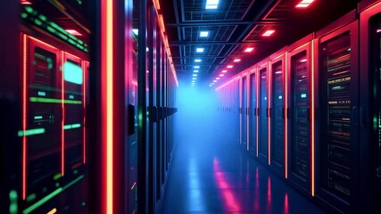 Futuristic server room illuminated with colorful lights, showcasing advanced technology and data storage - Powered by Adobe