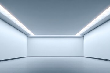 Fototapeta premium Empty, light-filled, modern room. A clean, minimalist interior with bright, recessed lighting. White walls and floor meet a light-gray ceiling. Geometric lines accent the architecture