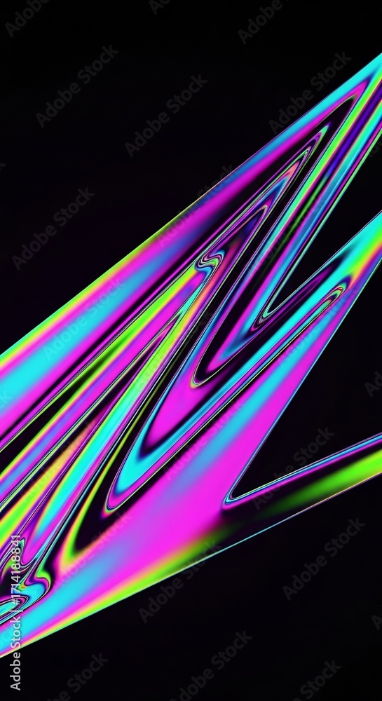 Poster abstract 3d render of a warped, liquid chrome surface with vibrant, holographic neon colors creating
