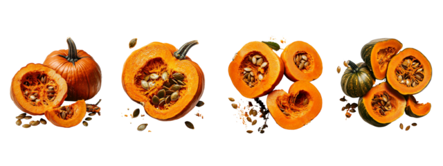 Freshly harvested pumpkins showcasing autumnal abundance sliced and whole on transparent background