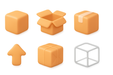 Glowing 3d soft orange and white geometric icons with box and arrow designs