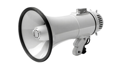 A white megaphone isolated on a white background, symbolizing communication and announcement in professional and public settings.