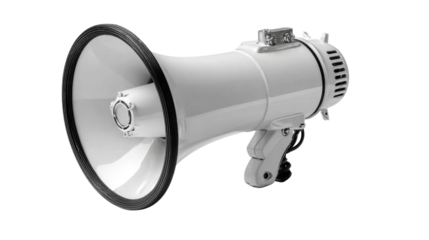 A white megaphone isolated on a white background, symbolizing communication and announcement in professional and public settings.