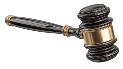 A polished wooden gavel with a golden band, symbolizing law and order, set against a white isolate background.