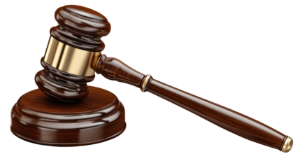 A detailed wooden gavel resting on a round base, symbolizing justice and authority in legal settings, isolated on a white background.