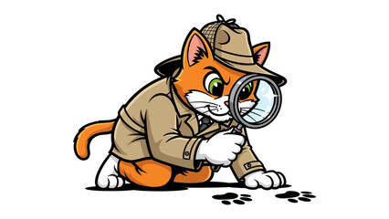 Detective Cat on the Prowl: A cartoon cat, donned in a classic detective's outfit, utilizes a magnifying glass to scrutinize clues, embodying curiosity and investigative prowess.