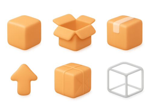 Glowing 3d soft orange and white geometric icons with box and arrow designs