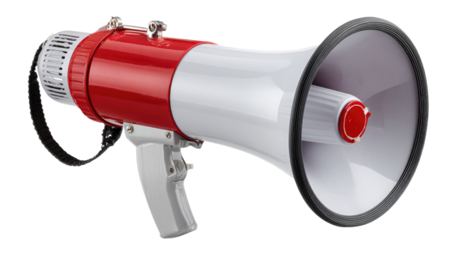 A vibrant megaphone designed for loud communication, featuring a striking red and white color scheme, ideal for events, announcements, or marketing purposes.
