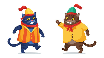 Playful Pussycats' Promenade: Two charming cartoon cats, dressed in vibrant attire, greet with a warm smile against a clean background. An animated depiction of merriment.