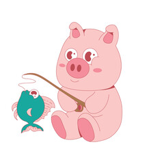 Cute Pig Fishing Mascot Character Cartoon Illustration