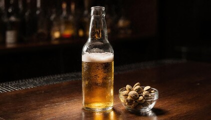 Beer bottle and glass bowl of pistachios on wooden bar table with light shining through