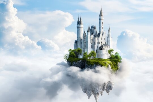 Majestic floating castle amongst clouds and blue sky with lush greenery