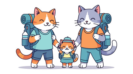 Adventure Awaits: A Family of Cats Embarks on a Journey, Hiking with backpacks, celebrating a vibrant family adventure and the joy of exploration.