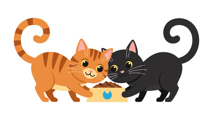 Sharing the Meal: Two playful kittens, a ginger tabby and a sleek black one, share a meal together. Capturing the essence of friendship.