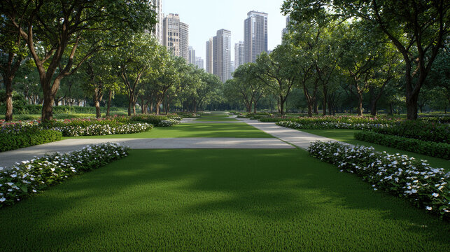 Lush green park with manicured lawns, tree lined paths, cityscape background, peaceful urban oasis