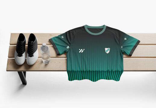 Soccer Jersey Mockup Cleats and Water Bottle on Locker Room Bench