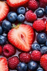 Fresh berries on ice: blueberries and strawberries with raspberries on a cool background