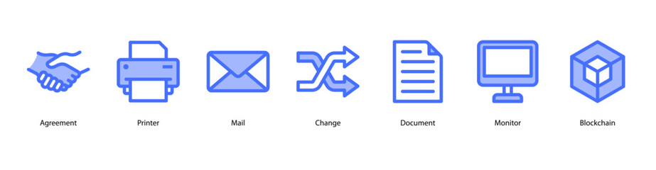 Digital Business Tools web banner icon vector illustration featuring Agreement, Printer, Mail, Change, Document, Monitor, and Blockchain for modern office operations.