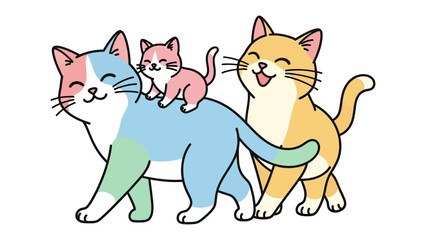 Joyful Feline Family Illustration: A vibrant cartoon depicts a happy family of cats, with a playful kitten riding atop its parent's back, set against a neutral background.