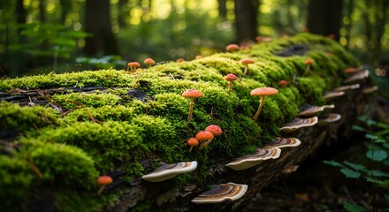 Vibrant forest floor with moss-covered log and red mushrooms