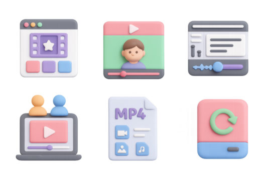 Pastel icons for video and media editing with 3d soft clay style