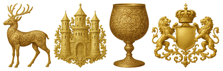Obraz premium PNG Ornate golden medieval symbols, element set on transparent background