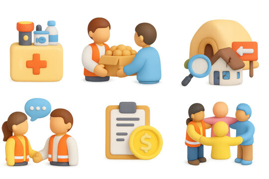 3d icons of humanitarian aid: health, food, shelter, and community support