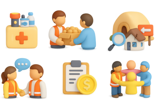 3d icons of humanitarian aid: health, food, shelter, and community support