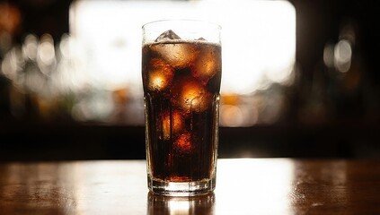 Glass of cola with clear glass, filled with ice, placed on wooden table in bar, light shining through glass