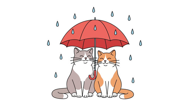 Cozy Cats Under Umbrella: Two charming cats find shelter from the gentle rain under a vibrant red umbrella, embracing a moment of shared warmth and companionship.