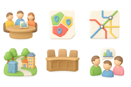 3d icons for navigation and business meetings featuring teams and maps