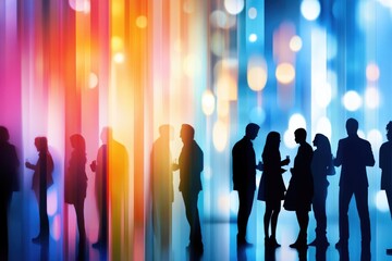 Silhouettes at a vibrant night party with abstract colorful lights