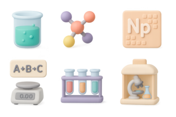 Colorful 3d science icons featuring laboratory essentials and elements