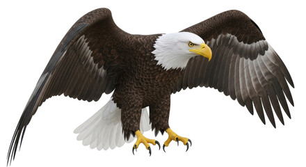 Isolated bald eagle with brown feathers and yellow beak, majestic avian predator raptor