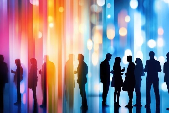 Silhouettes at a vibrant night party with abstract colorful lights