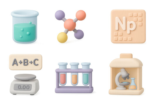 Colorful 3d science icons featuring laboratory essentials and elements